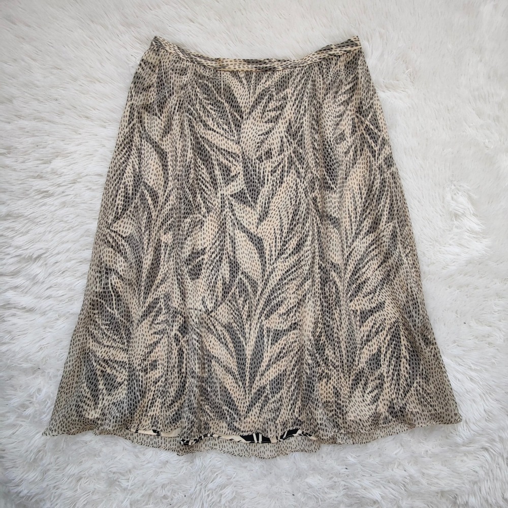 Talbots Pure Silk Abstract Leaf Midi Skirt Beige Black Lined Womens Resort Luxe